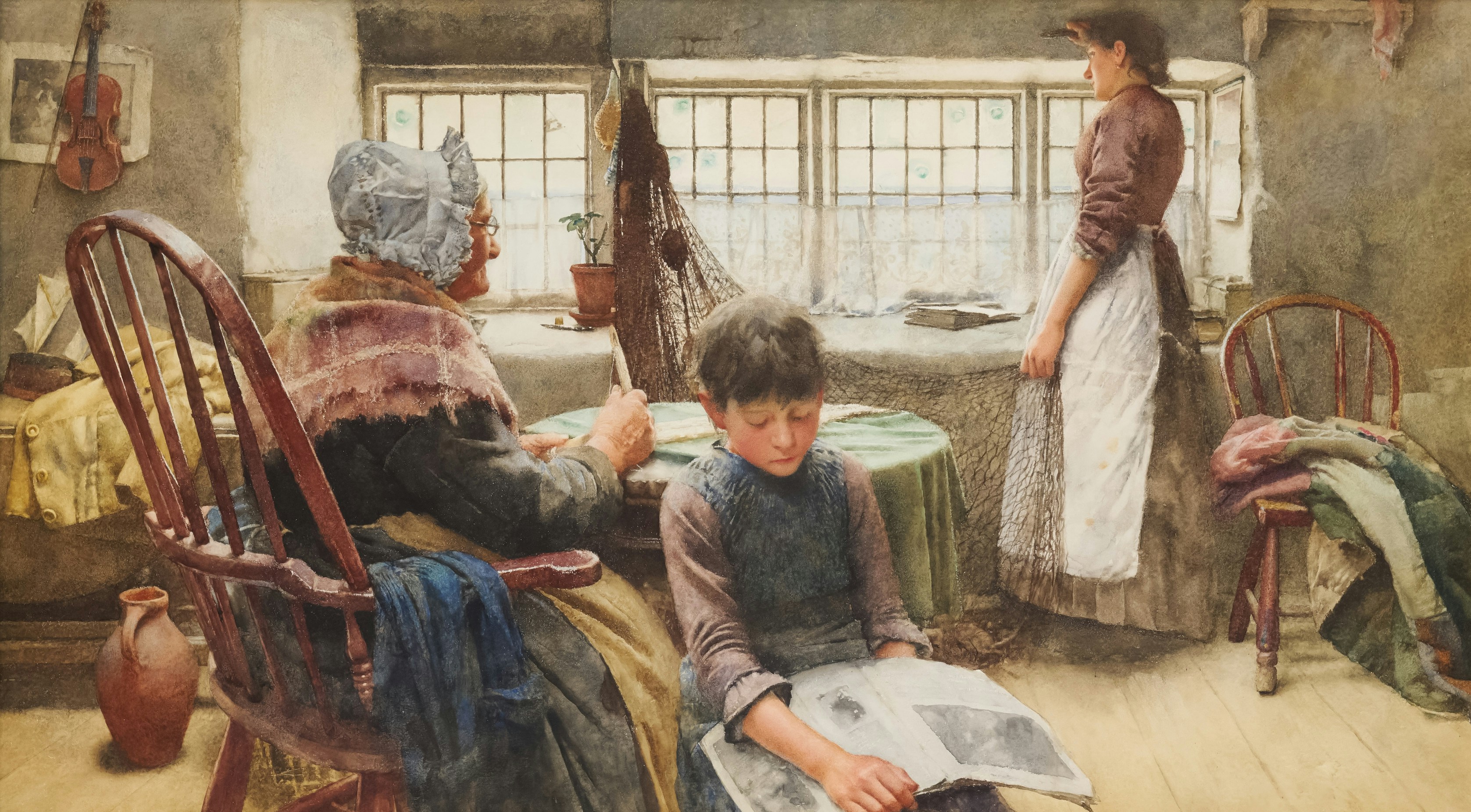 Title: 1885P3166 Memories Description: 1885P3166 Memories,1885 Walter Langley (d.1922) Keywords: Reading, 19th Century, Birmingham Museums Trust/Birmingham Museum & Art Gallery, Watercolour, Women, Frame, Child, Male, Seated, NPO Digitisation Project, Works on Paper, Framed Works https://dams.birminghammuseums.org.uk/asset-bank/action/viewAsset?id=17328