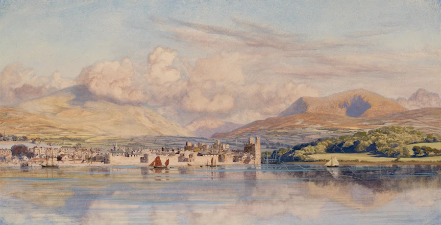 Caernarvon, watercolour by John Brett, 1875