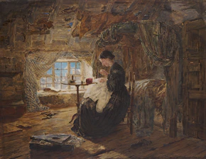 Artisan sewing a rustic outdoor jacket in a cozy woodland studio