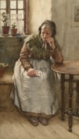 An elderly woman sits pensively in a modest, dimly lit room. She wears a shawl and apron, her expression thoughtful as she rests her chin on one hand. A wooden table is beside her, and a window with potted plants allows light to filter through, casting soft shadows.