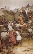 A group of people appears to be gathered near a seawall in a coastal village, possibly awaiting or seeing off a ship. The central figure is a woman with a shawl over her head, sitting on a barrel and holding a young child who clings to her. Other people around include men and women, some wearing hats, looking towards the sea with anxious or concerned expressions. The background features residential buildings and cloudy skies, suggesting a somber or tense atmosphere.