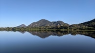 A serene landscape with a calm lake reflecting mountains.