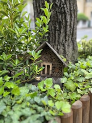 A small wooden insect house is nestled among lush green foliage and leaves, positioned against the trunk of a large tree. Surrounding the setup is a wooden fence, all contributing to a natural, serene garden setting.
