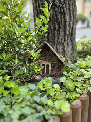 A small wooden insect house is nestled among lush green foliage and leaves, positioned against the trunk of a large tree. Surrounding the setup is a wooden fence, all contributing to a natural, serene garden setting.