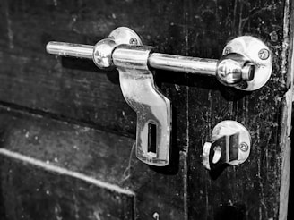 A close-up of a metal door latch against a textured, dark wooden door. The latch is a shiny, chrome-plated bolt style with screws visible on the mounting plates.