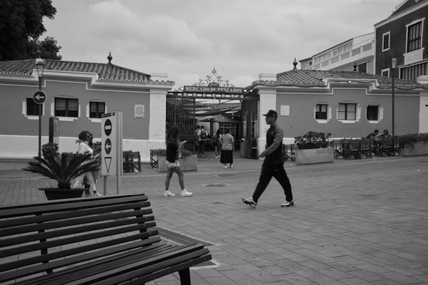 A street scene outside a market building with a sign that reads 'Mercado do Peixe.' Several people are walking around, and there is a bench in the foreground. The market has an arched entrance with ornate ironwork, and the building features a traditional architectural style with tiled roofs.