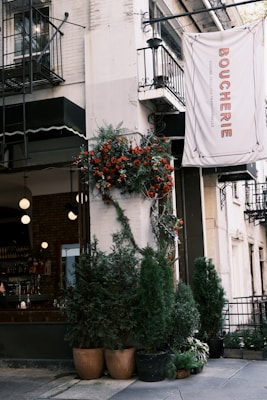A quaint sidewalk scene featuring a restaurant entrance with lush greenery in large pots and a vibrant display of red and orange flowers climbing the wall. The building has a rustic charm with a visible sign that reads 'Boucherie' and decorative railings. Inside, there is a cozy bar area with hanging lights and a warm ambience.