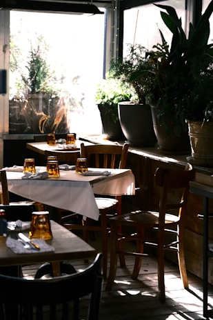 A cozy indoor restaurant setting with wooden tables and chairs, adorned with white tablecloths and amber-colored glassware. Lush green plants in large pots decorate the area next to a sunlit window, casting soft shadows on the floor.