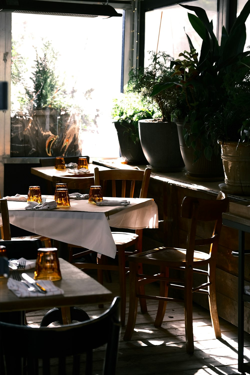 a restaurant with tables and chairs and a potted plant