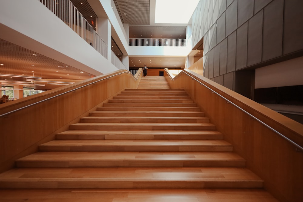 a set of wooden stairs leading up to a building