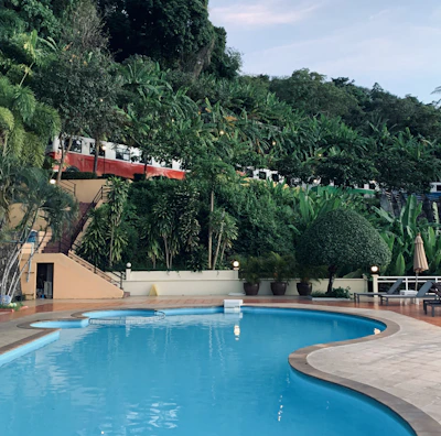 Serene outdoor pool area surrounded by lush greenery at sunset.