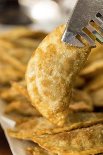 A vibrant close-up of a golden-brown fried dumpling glistening with a light soy glaze.