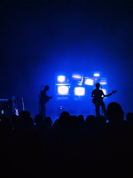 A dimly lit stage features two silhouetted musicians, one playing a guitar and the other possibly vocalizing with a mic stand. The background displays several old TV screens showing static under an intense blue lighting. The foreground includes the backs of audience members, emphasizing their engagement with the performance.
