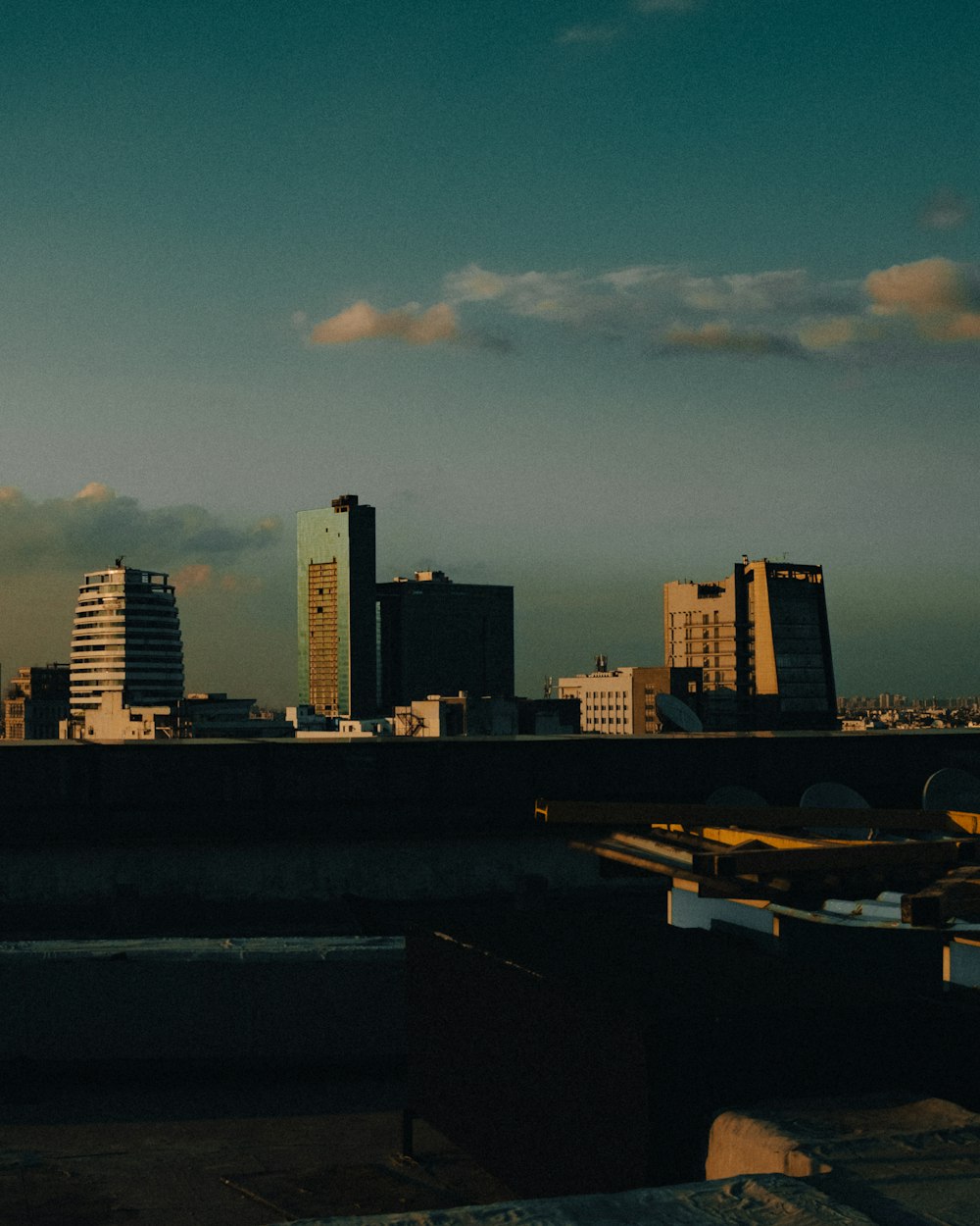 a view of a city skyline from a rooftop