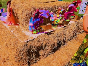 A colorful art display created by students during a creative workshop