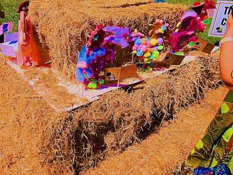 A community art exhibit showcasing colorful paintings and sculptures.