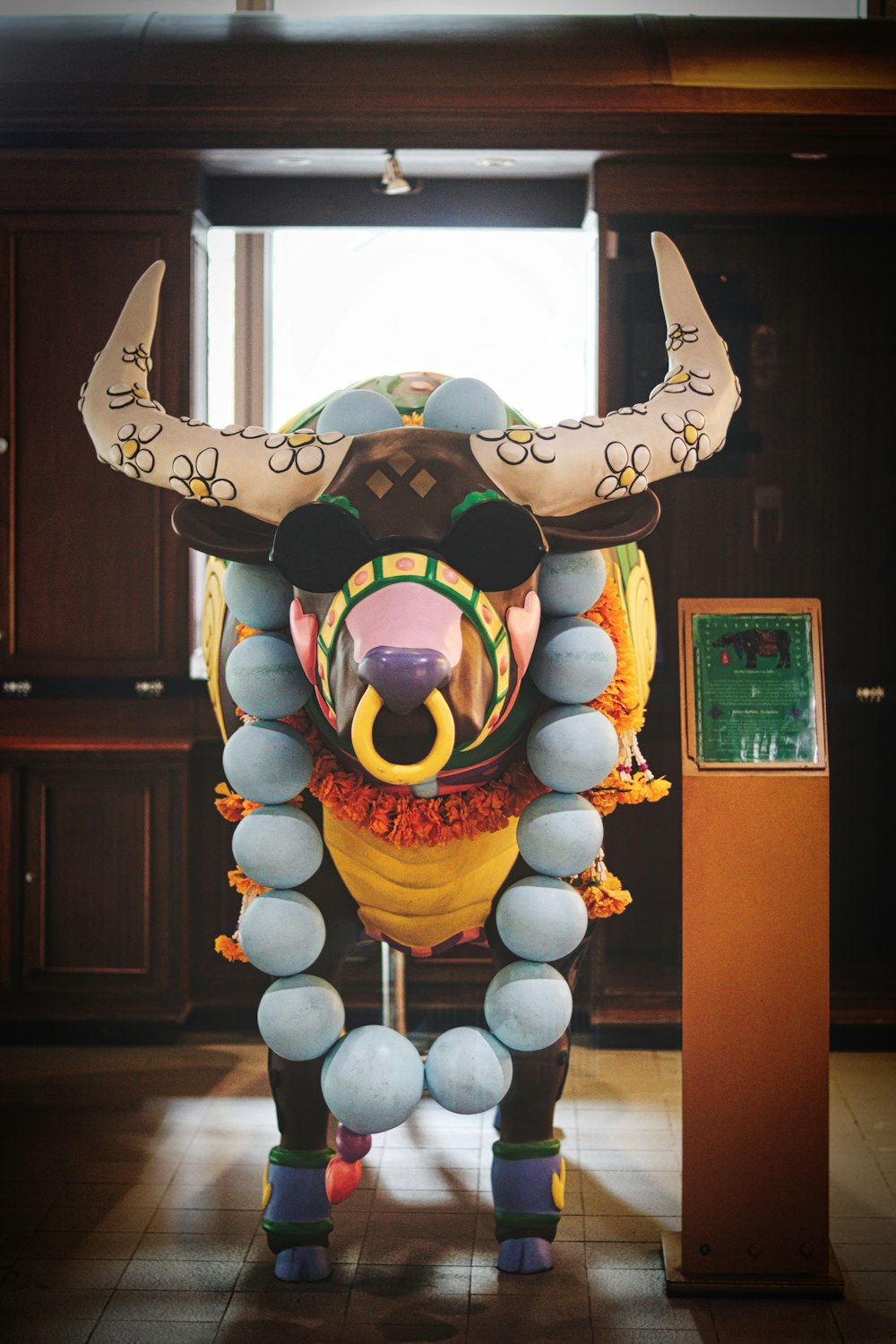 a large balloon sculpture of a bull with horns