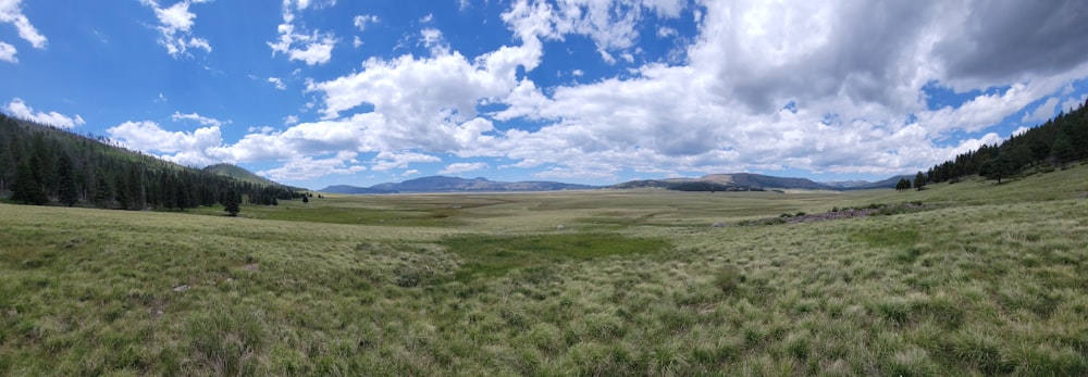 a wide open field with mountains in the background