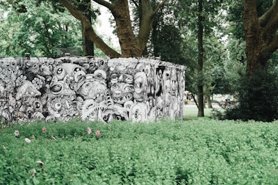 An outdoor scene featuring a vividly painted wall covered in intricate black and white graffiti art, depicting a multitude of surreal and cartoonish faces and creatures. The wall is surrounded by lush greenery, including grass and tall trees, creating a striking contrast between the monochrome art and colorful natural environment.