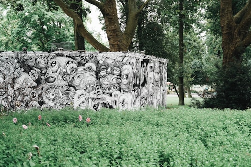 An outdoor scene featuring a vividly painted wall covered in intricate black and white graffiti art, depicting a multitude of surreal and cartoonish faces and creatures. The wall is surrounded by lush greenery, including grass and tall trees, creating a striking contrast between the monochrome art and colorful natural environment.