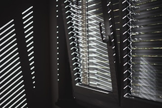 Light filters through horizontal blinds, casting sharp, linear shadows on a wall. The window is partially open, allowing sunlight to highlight the metallic surface of the blinds.