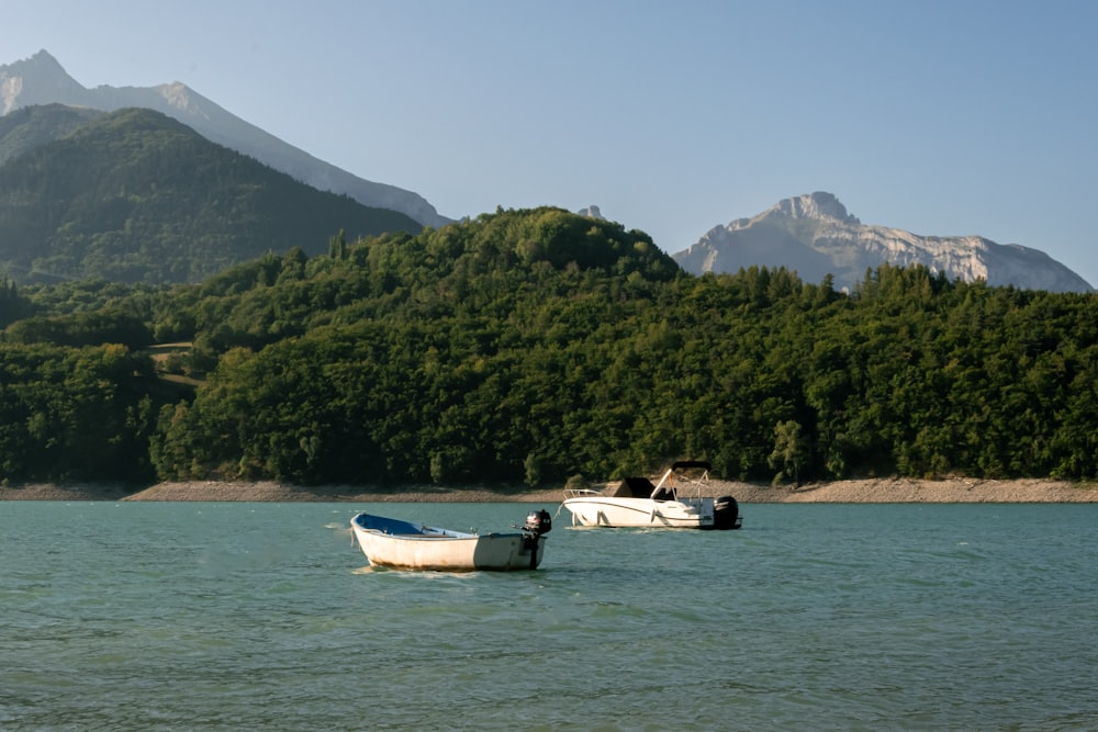 um par de barcos flutuando no topo de um lago