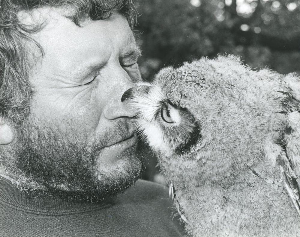 a man is kissing a koala on the nose