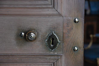 A sturdy wooden office door with a polished finish in a cozy office setting.