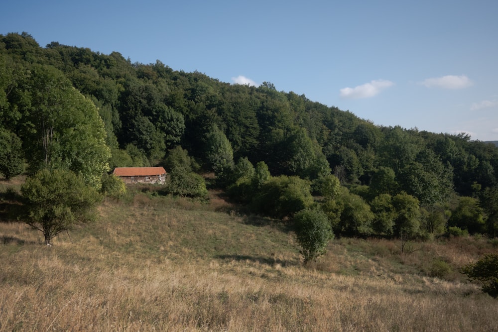 a small house in the middle of a field