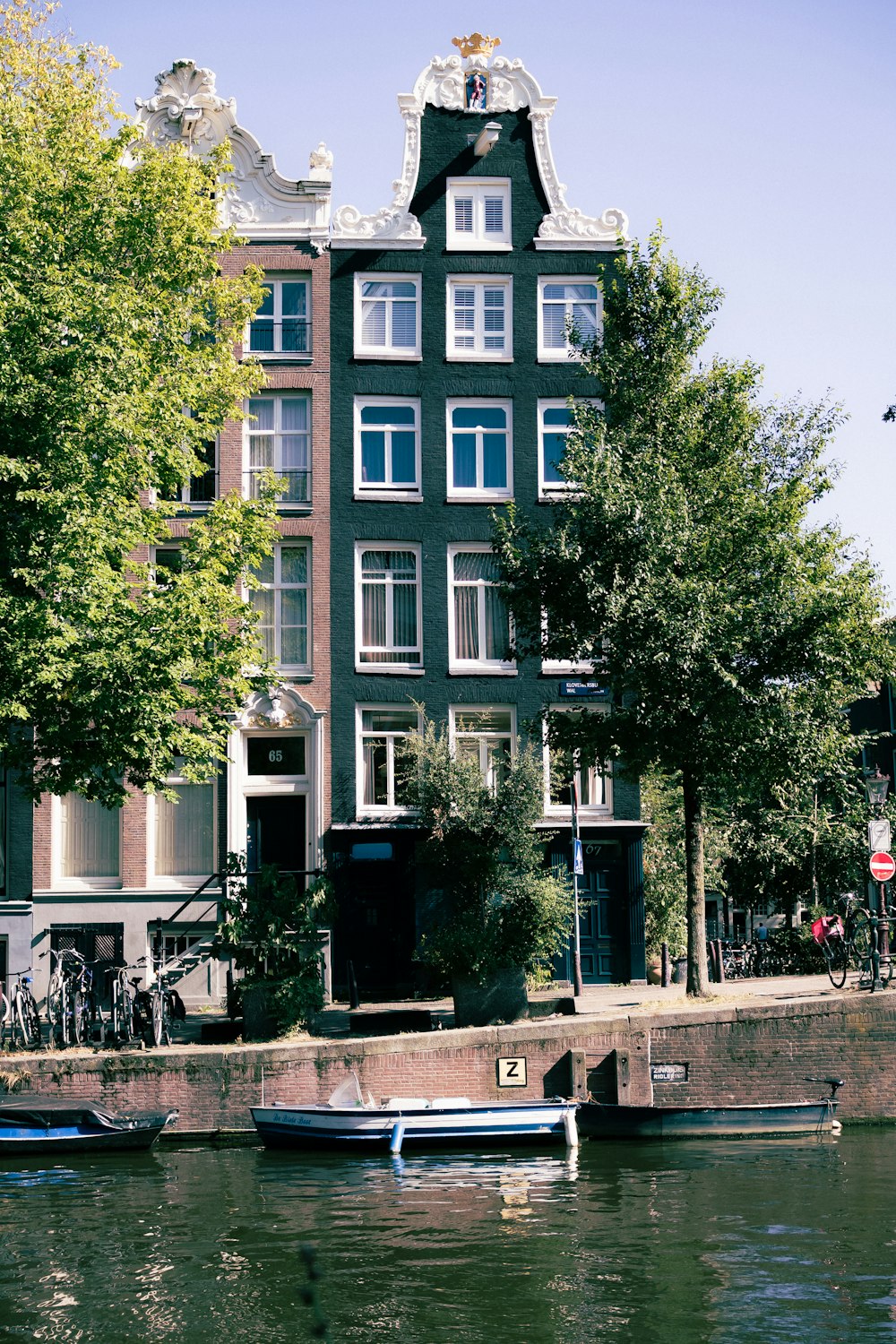 a boat is parked in front of a building