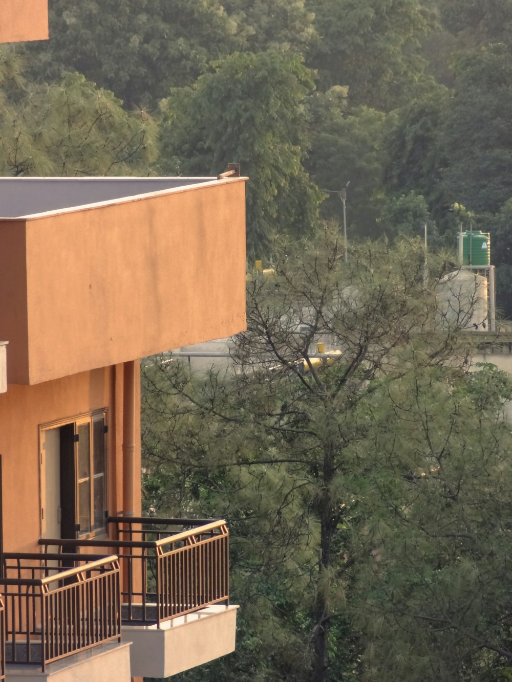 a view of a building from a balcony