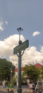 A street sign labeled 'Jl. Malioboro' on a tall pole is seen against a partly cloudy sky. Below the sign are trees, a building with a red roof, and a few people on scooters. The scene appears urban and lively.