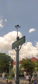 A street sign labeled 'Jl. Malioboro' on a tall pole is seen against a partly cloudy sky. Below the sign are trees, a building with a red roof, and a few people on scooters. The scene appears urban and lively.