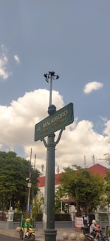 A street sign labeled 'Jl. Malioboro' on a tall pole is seen against a partly cloudy sky. Below the sign are trees, a building with a red roof, and a few people on scooters. The scene appears urban and lively.