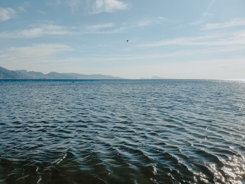 a large body of water with mountains in the background