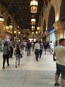 Commercial mall exterior with busy shoppers in Egypt