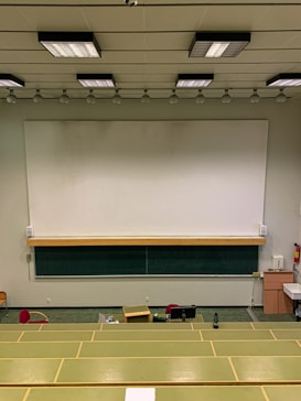 A lecture hall with green tiered seats facing a large white and black chalkboard. The room has a high ceiling with overhead lights and a ceiling-mounted projector. There are some desks and chairs in the front of the class along with a wooden podium. A fire extinguisher is visible on the wall, along with some cabinets and a sink on the right side.