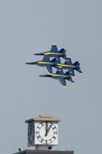 A dynamic scene of fighter jets flying in formation over a sunrise colored in saffron, white, and green.
