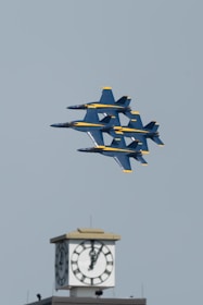 A dynamic scene of fighter jets flying in formation over a sunrise colored in saffron, white, and green.
