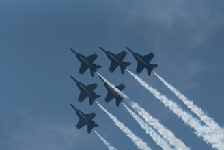 a group of fighter jets flying through a blue sky