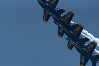 a formation of fighter jets flying through a blue sky
