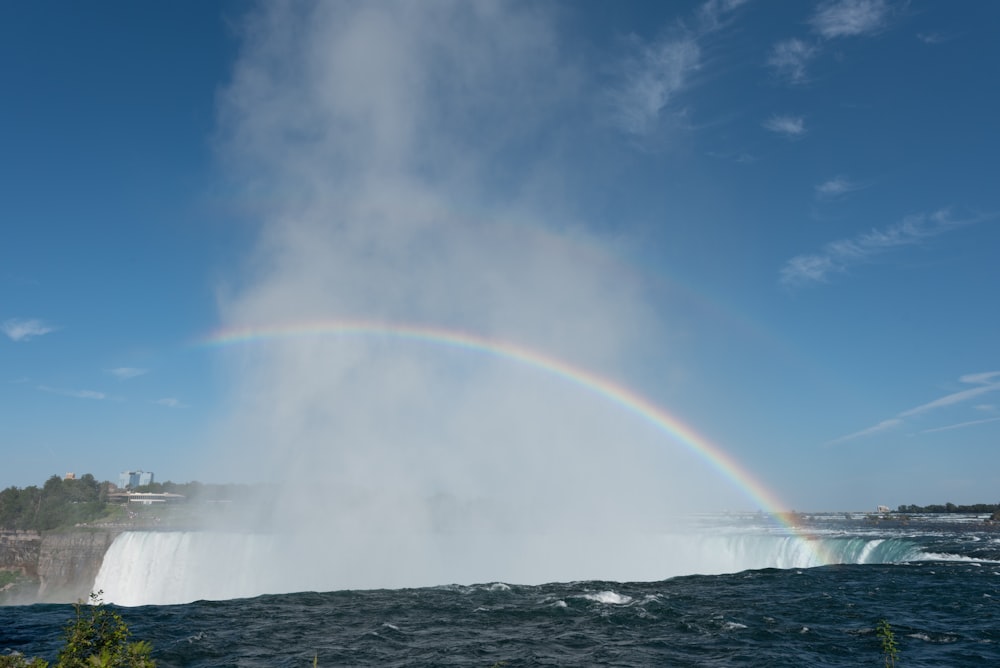 a rainbow in the sky over a waterfall