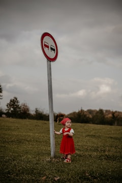 A young child dressed in a red outfit stands next to a metal signpost in an open grassy area. The signpost has a circular sign with a red border and icons of two vehicles, one red and one black. The background consists of trees and a cloudy sky.