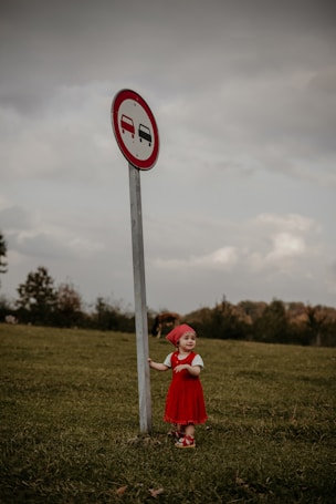 A young child dressed in a red outfit stands next to a metal signpost in an open grassy area. The signpost has a circular sign with a red border and icons of two vehicles, one red and one black. The background consists of trees and a cloudy sky.