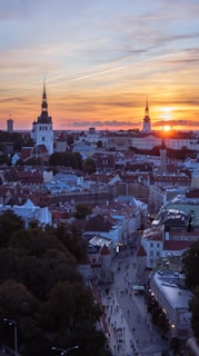 Aerial shot of the historic center of Sélestat bathed in golden sunset light.