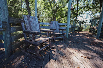 Sunlight filtering through autumn leaves onto a wooden porch with rocking chairs overlooking the forest.