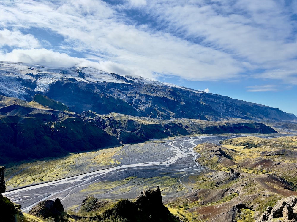 a view of a river running through a valley