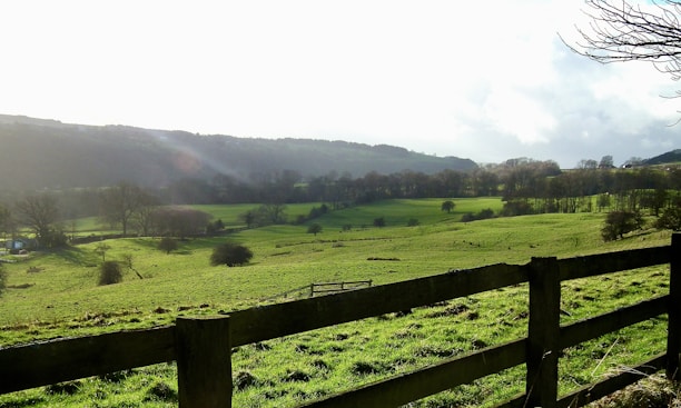 A spacious countryside villa surrounded by green fields and a wooden fence under a bright sky.