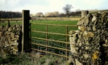 A sturdy rustic metal gate installed at a countryside home entrance.