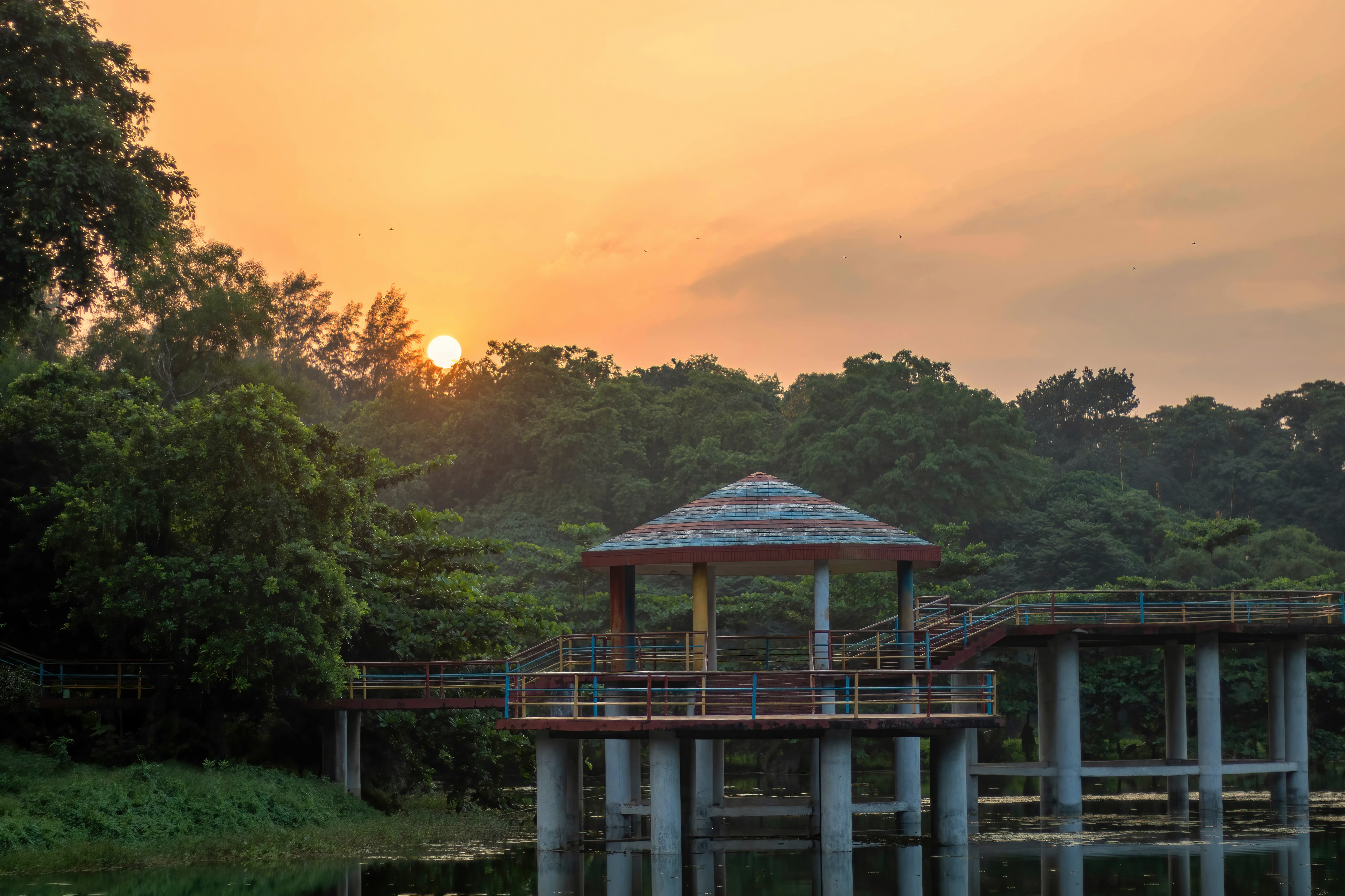 um gazebo sentado no topo de um lago ao lado de uma floresta